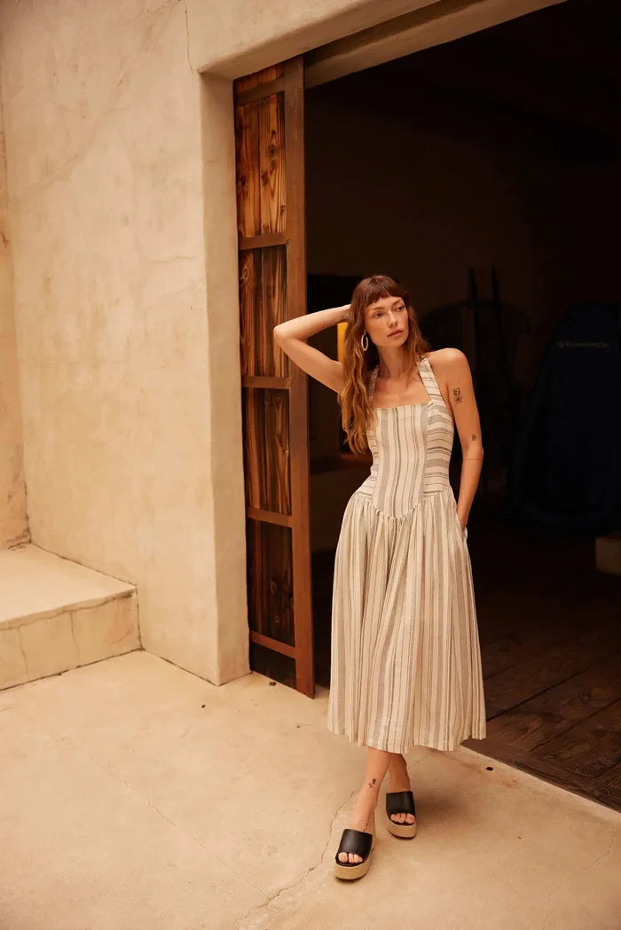 Along the Way Pinstripe Drop-Waist Midi Dress - ShopPromesa