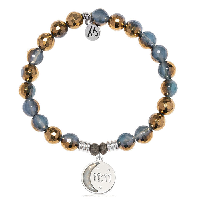 Blue Gold Agate Gemstone Bracelet with 11:11 Sterling Silver Charm