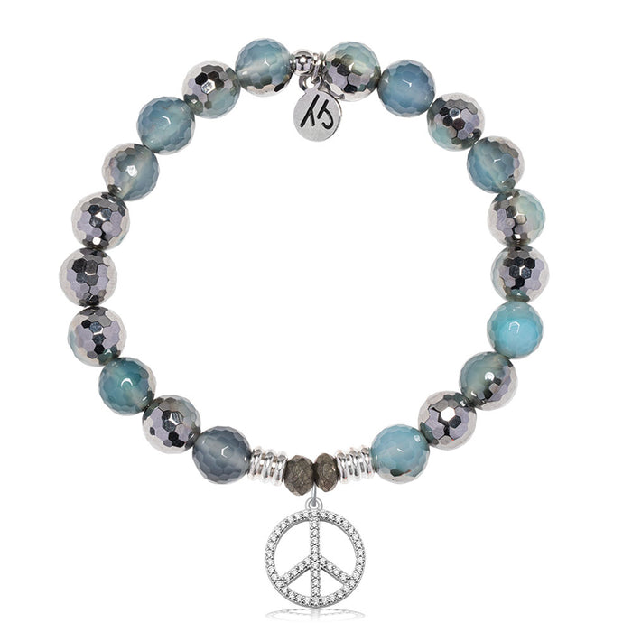 Blue Silver Agate Gemstone Bracelet with Peace CZ Sterling Silver Charm