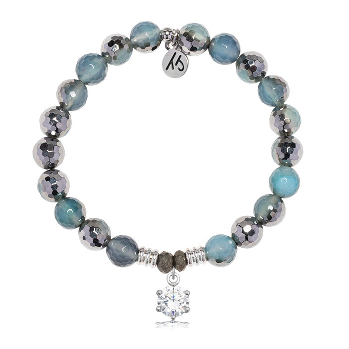 Blue Silver Agate Gemstone Bracelet with Shine Like A Diamond Sterling Silver Charm