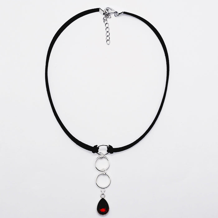Discreet Day Collar, Black Choker with Tri Circle Pendants, and Red Crystal Teardrop. BDSM Submissive