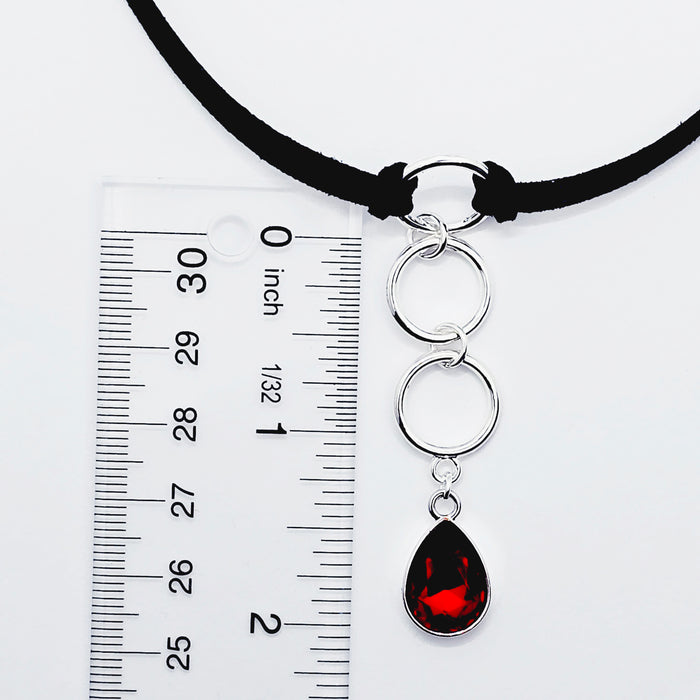 Discreet Day Collar, Black Choker with Tri Circle Pendants, and Red Crystal Teardrop. BDSM Submissive