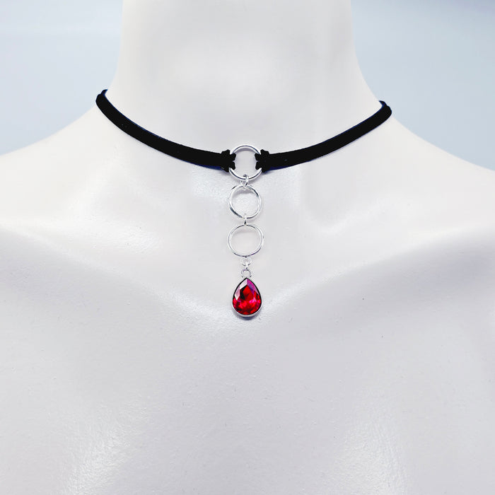 Discreet Day Collar, Black Choker with Tri Circle Pendants, and Red Crystal Teardrop. BDSM Submissive
