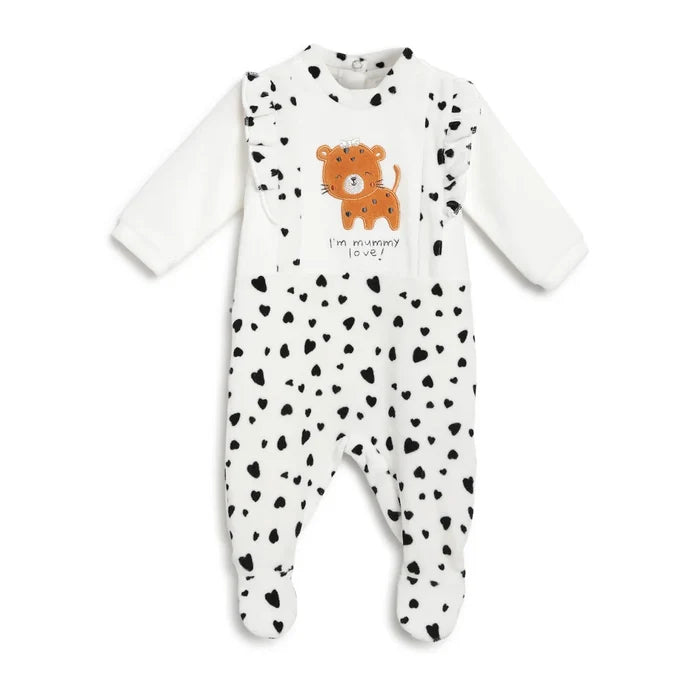 Girls White & Black Printed Nappy Opening Babysuit
