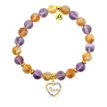 Gold Charm Collection - Amethyst Citrine Gemstone Bracelet with Mom Heart Gold Charm
