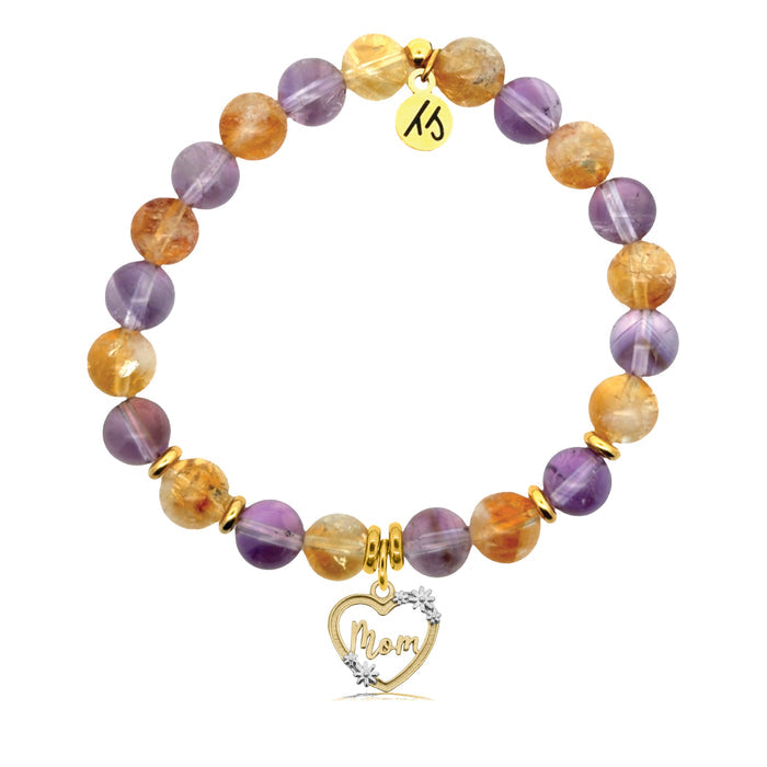Gold Charm Collection - Amethyst Citrine Gemstone Bracelet with Mom Heart Gold Charm