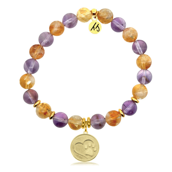 Gold Charm Collection - Amethyst Citrine Gemstone Bracelet with Paw Print Gold Charm
