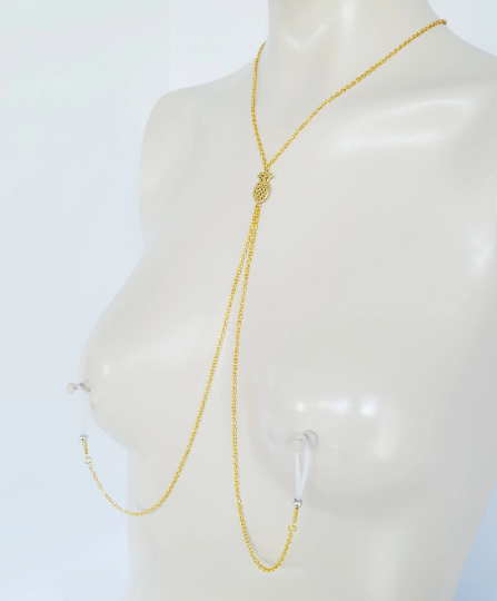 Gold Erotic Pineapple Necklace with Non Piercing Nipple Nooses or Clamps. Alternative Lifestyle, Swingers