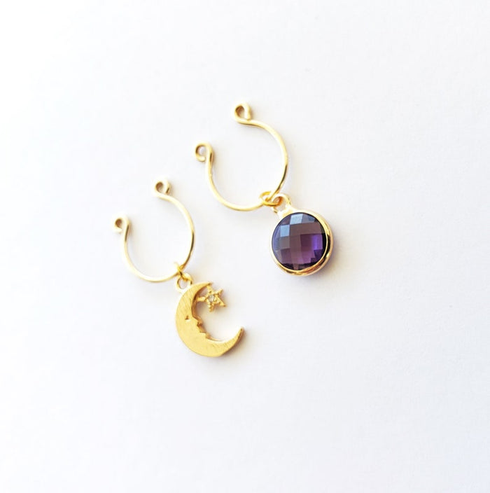 Gold Nipple Rings with Moon and Purple Gem