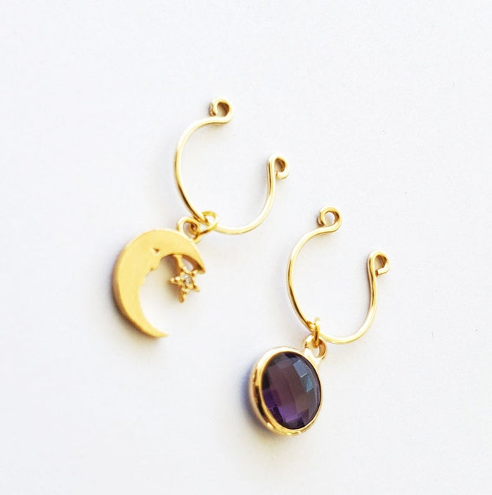 Gold Nipple Rings with Moon and Purple Gem