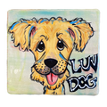image of whimsical golden retriever painted on 6x6 decorative tile welcome sign by Debby Carman