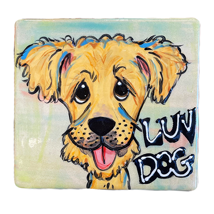 image of whimsical golden retriever painted on 6x6 decorative tile welcome sign by Debby Carman