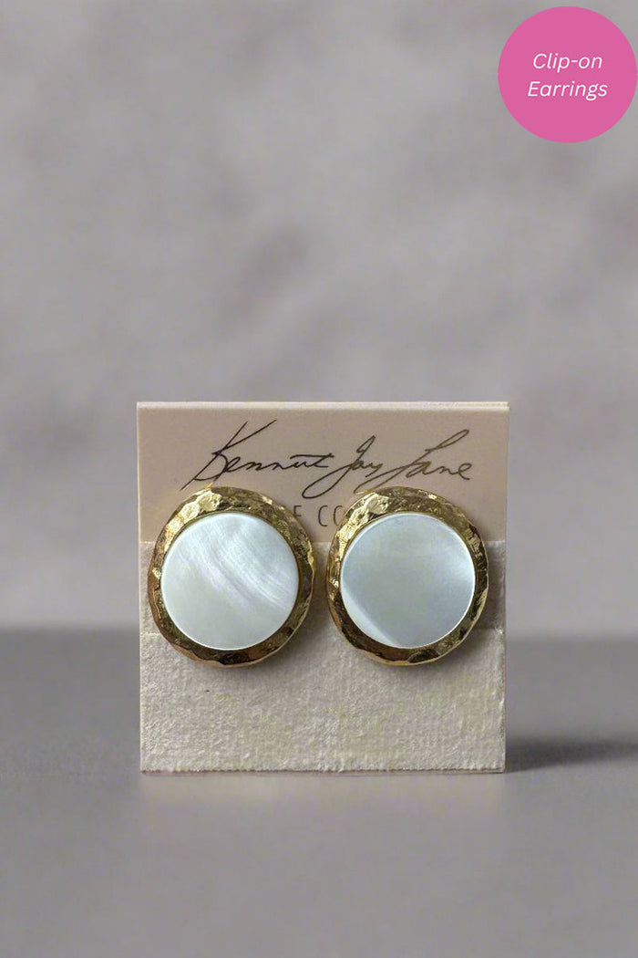 Kenneth Jay Lane Satin Gold and Mother of Pearl Button Earrings - Mildred Hoit