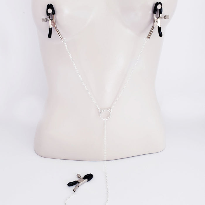 Kitten Nipple and Clit Clamps. Chain Attached to Adjustable Clamps