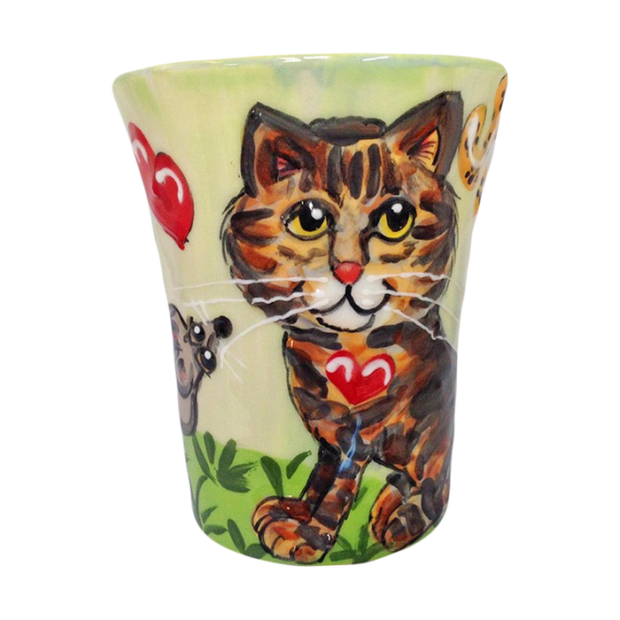 image of whimsical kitten on ceramic coffee mug by Debby Carman