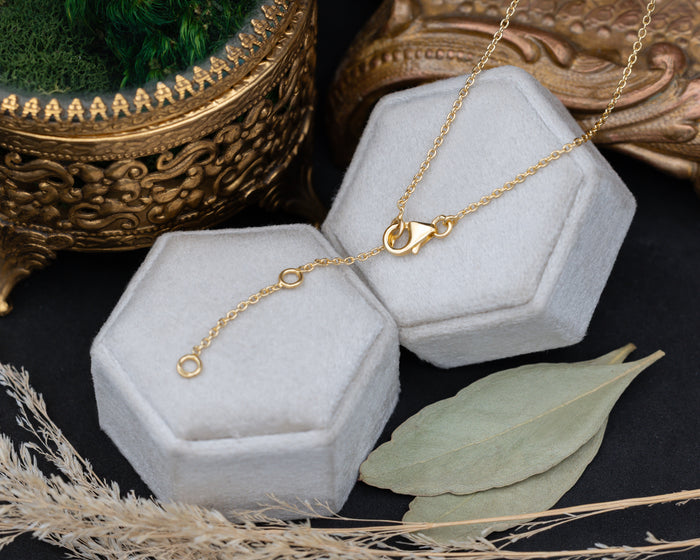 A delicate gold chain necklace with a lobster clasp, draped over two hexagonal white jewelry display boxes on a dark surface, styled with dried leaves and a decorative gold bowl.
