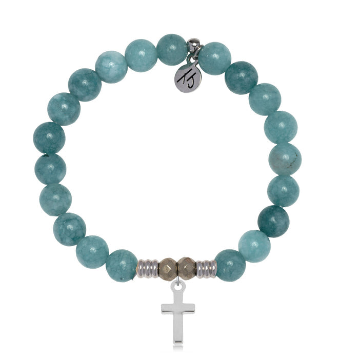 Mountain Blue Jade Gemstone Bracelet with Cross Sterling Silver Charm