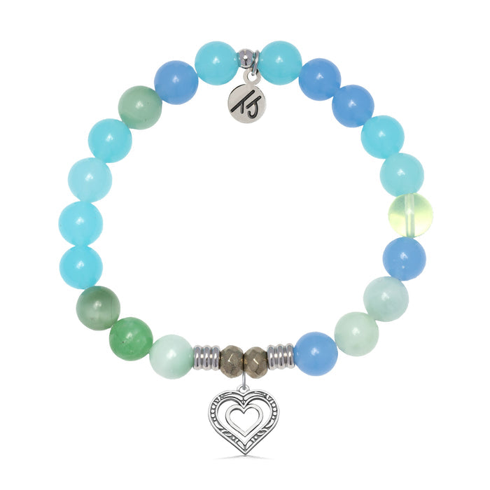 Multi Blue Jade Gemstone Bracelet with Family Heart Sterling Silver Charm