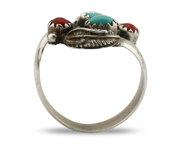 Navajo Adjustable Ring 925 Silver Turquiose & Coral Native Artist C.80's