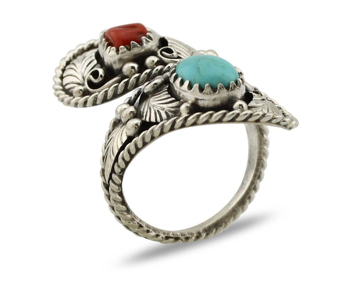 Navajo Adjustable Ring 925 Silver Turquiose & Coral Signed Broken Arrow C.80's