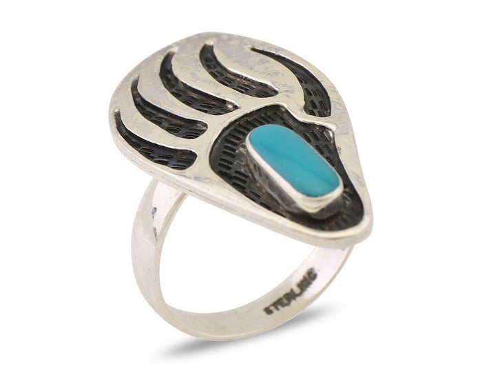 Navajo Badger Paw Ring 925 Silver Turquoise Native American Artist C.80's