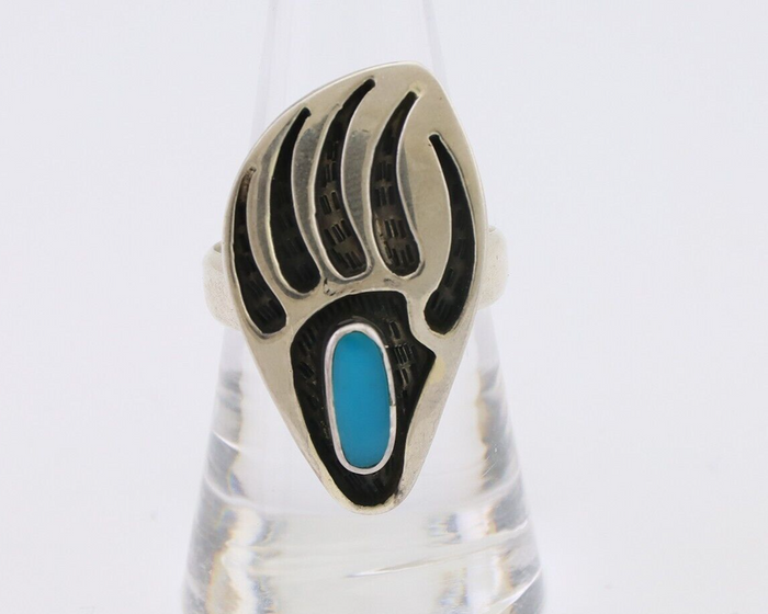 Navajo Badger Paw Ring 925 Silver Turquoise Native American Artist C.80's