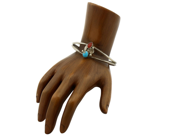 Navajo Bracelet .925 Silver Natural Turquoise & Coral Native American Artist 80s