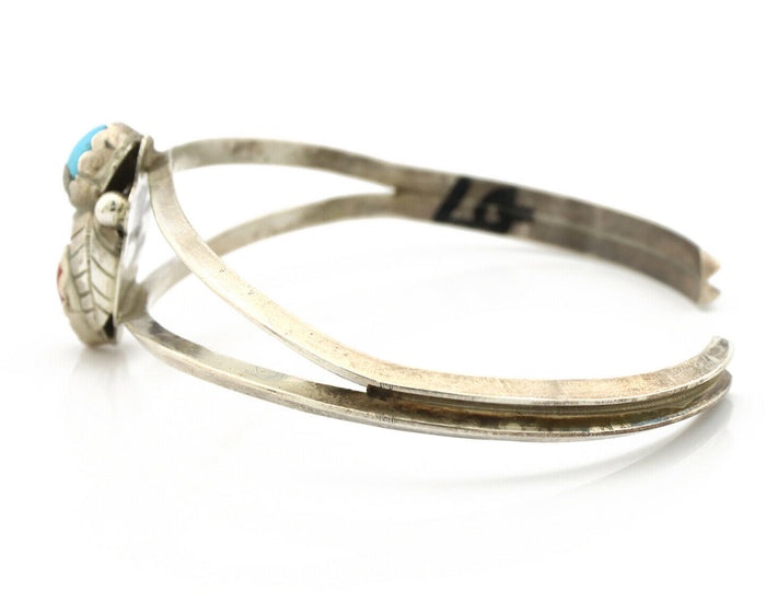 Navajo Bracelet .925 Silver Natural Turquoise & Coral Native American Artist 80s