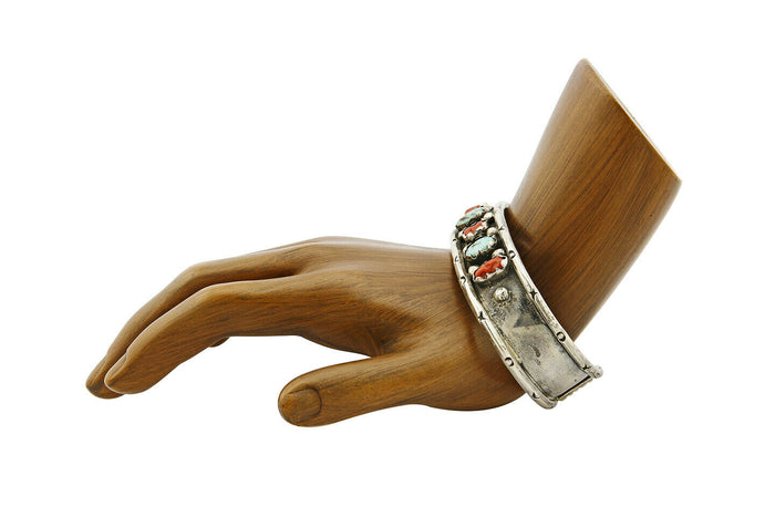 Navajo Bracelet .925 Silver Red Coral & Turquoise Handmade Cuff C.70's
