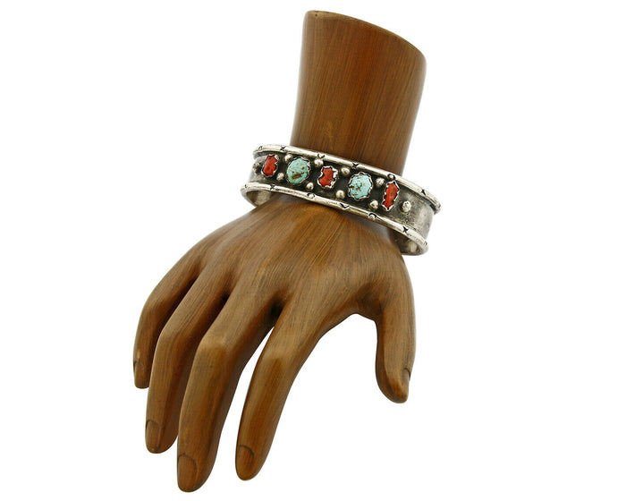 Navajo Bracelet .925 Silver Red Coral & Turquoise Handmade Cuff C.70's