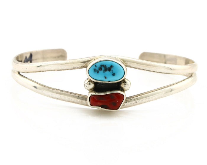 Navajo Bracelet .925 Silver Turquoise & Coral Artist Native American C.1980's