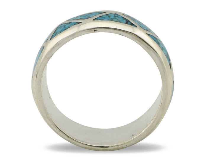 Navajo Chip Inlay Ring 925 Silver Sleeping Beauty Turquoise Artist Silver Cloud