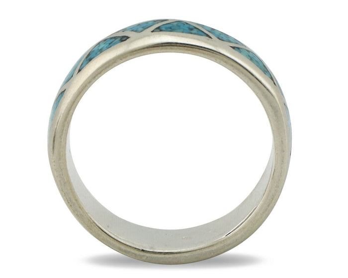 Navajo Chip Inlay Ring 925 Silver Sleeping Beauty Turquoise Artist Silver Cloud