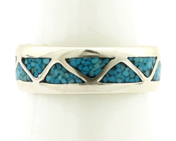 Navajo Chip Inlay Ring 925 Silver Sleeping Beauty Turquoise Artist Silver Cloud