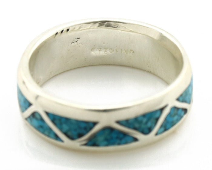 Navajo Chip Inlay Ring 925 Silver Sleeping Beauty Turquoise Artist Silver Cloud