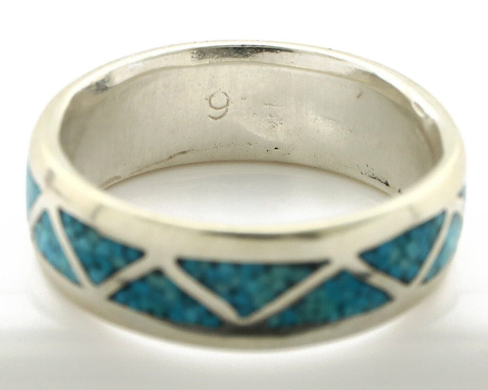 Navajo Chip Inlay Ring 925 Silver Sleeping Beauty Turquoise Artist Silver Cloud