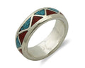 Navajo Chip Inlay Ring 925 Silver Sleeping Beauty Turquoise & Coral Silver Cloud