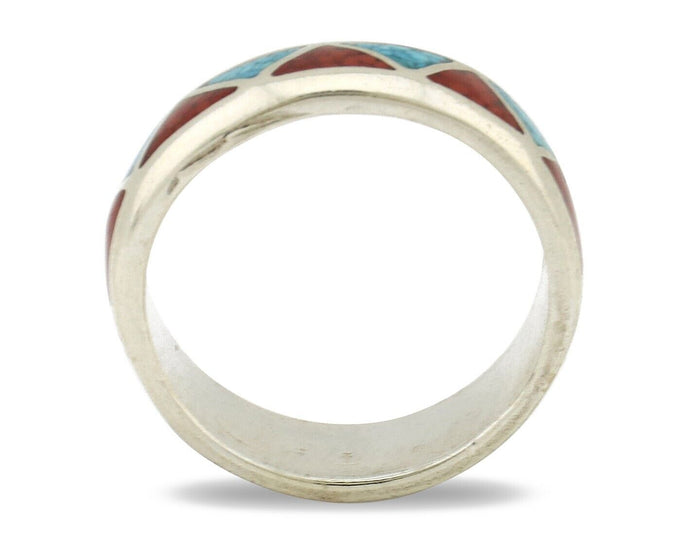 Navajo Chip Inlay Ring 925 Silver Sleeping Beauty Turquoise & Coral Silver Cloud