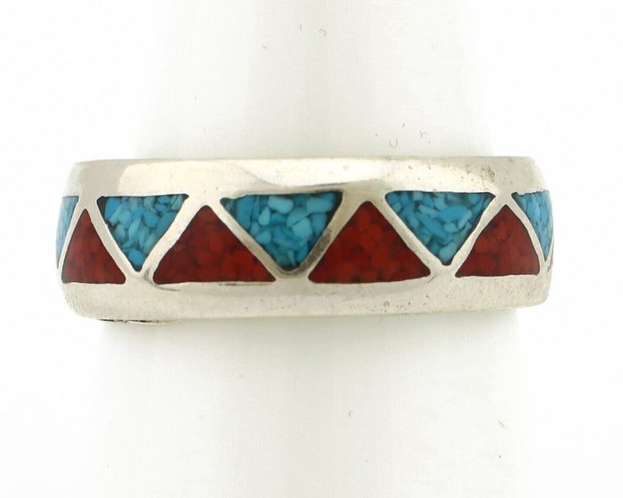 Navajo Chip Inlay Ring 925 Silver Sleeping Beauty Turquoise & Coral Silver Cloud