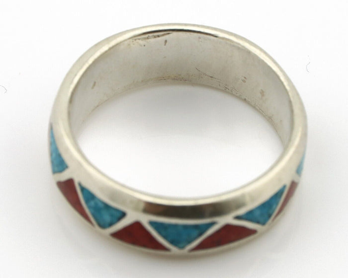 Navajo Chip Inlay Ring 925 Silver Sleeping Beauty Turquoise & Coral Silver Cloud