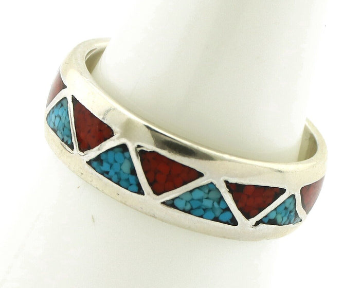 Navajo Chip Inlay Ring 925 Silver Sleeping Beauty Turquoise & Coral Silver Cloud