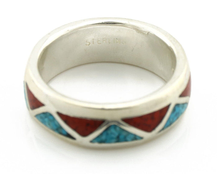 Navajo Chip Inlay Ring 925 Silver Sleeping Beauty Turquoise & Coral Silver Cloud