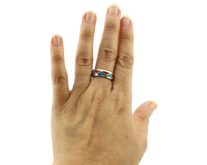 Navajo Chip Inlay Ring 925 Silver Sleeping Beauty Turquoise & Coral Silver Cloud