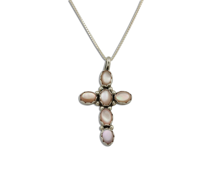 Navajo Cross Necklace 925 Silver Pink Mussel Native American Artist C.80's