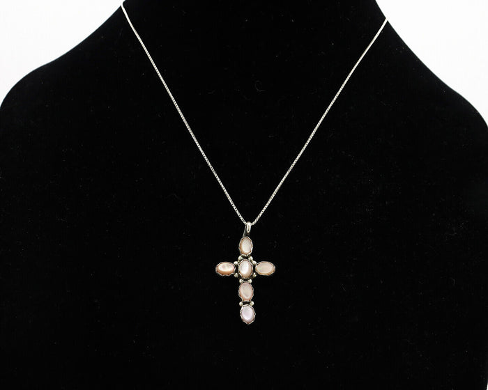 Navajo Cross Necklace 925 Silver Pink Mussel Native American Artist C.80's