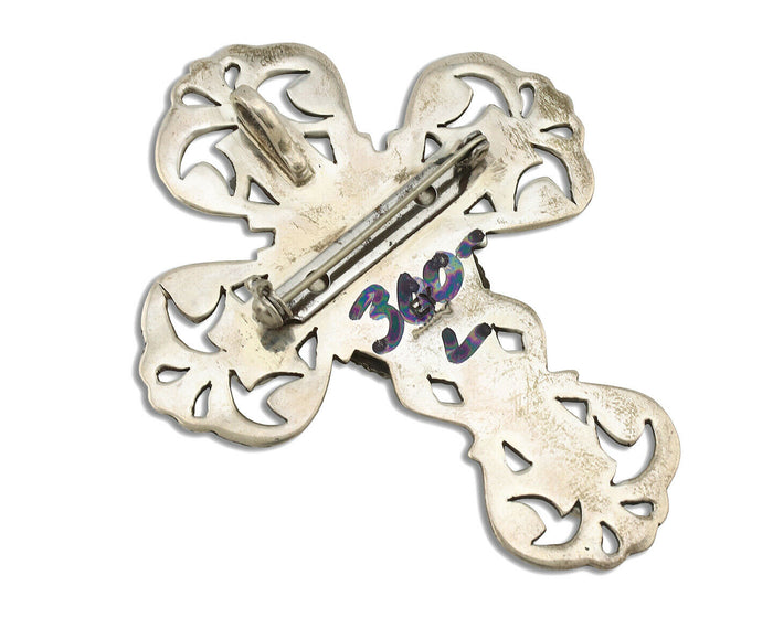 Navajo Cross Pin Necklace .925 Silver Kingman Turquoise Signed EY C.80's