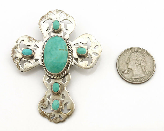 Navajo Cross Pin Necklace .925 Silver Kingman Turquoise Signed EY C.80's