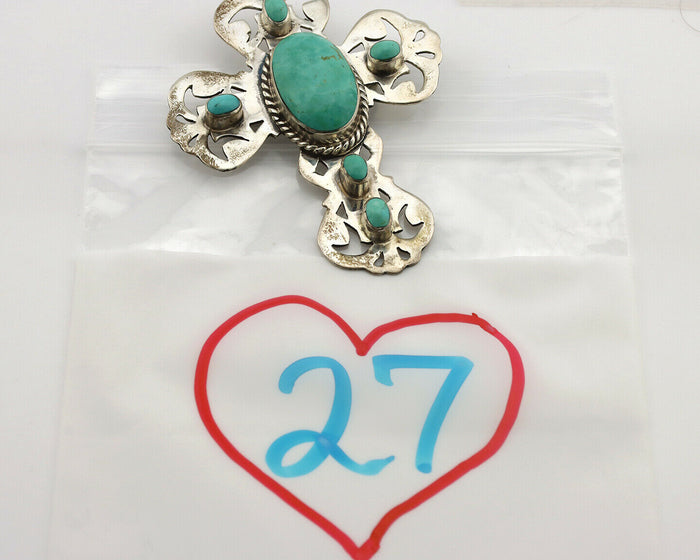 Navajo Cross Pin Necklace .925 Silver Kingman Turquoise Signed EY C.80's