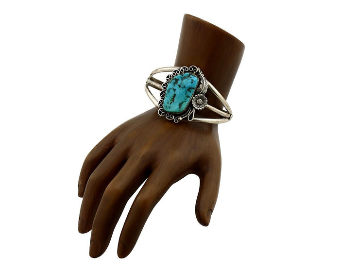 Navajo Cuff Bracelet 925 Silver Blue Turquoise Artist Signed MJ C.80's