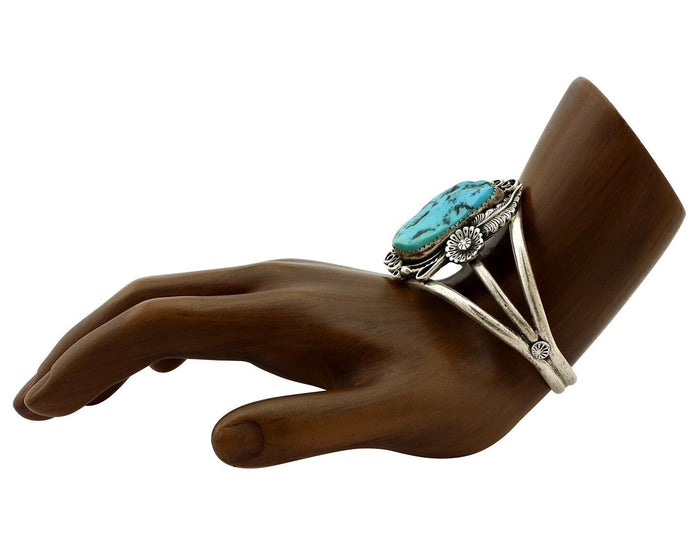 Navajo Cuff Bracelet 925 Silver Blue Turquoise Artist Signed MJ C.80's